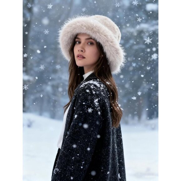 Women\'s Beige Oversized Winter Long Pile Fur Wide Moldable Brim Warmer Cap main image 5